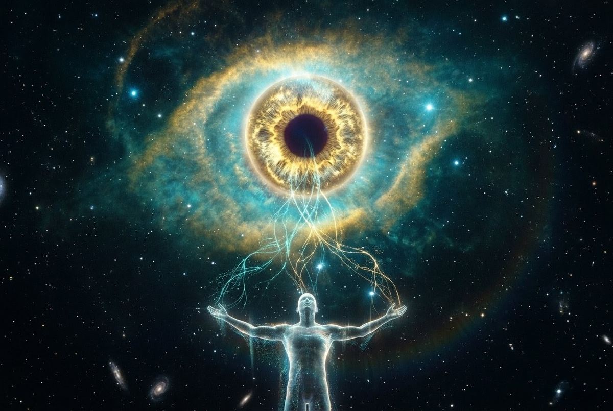 Cosmic observer eye transmitting consciousness to human figure representing the witness function
