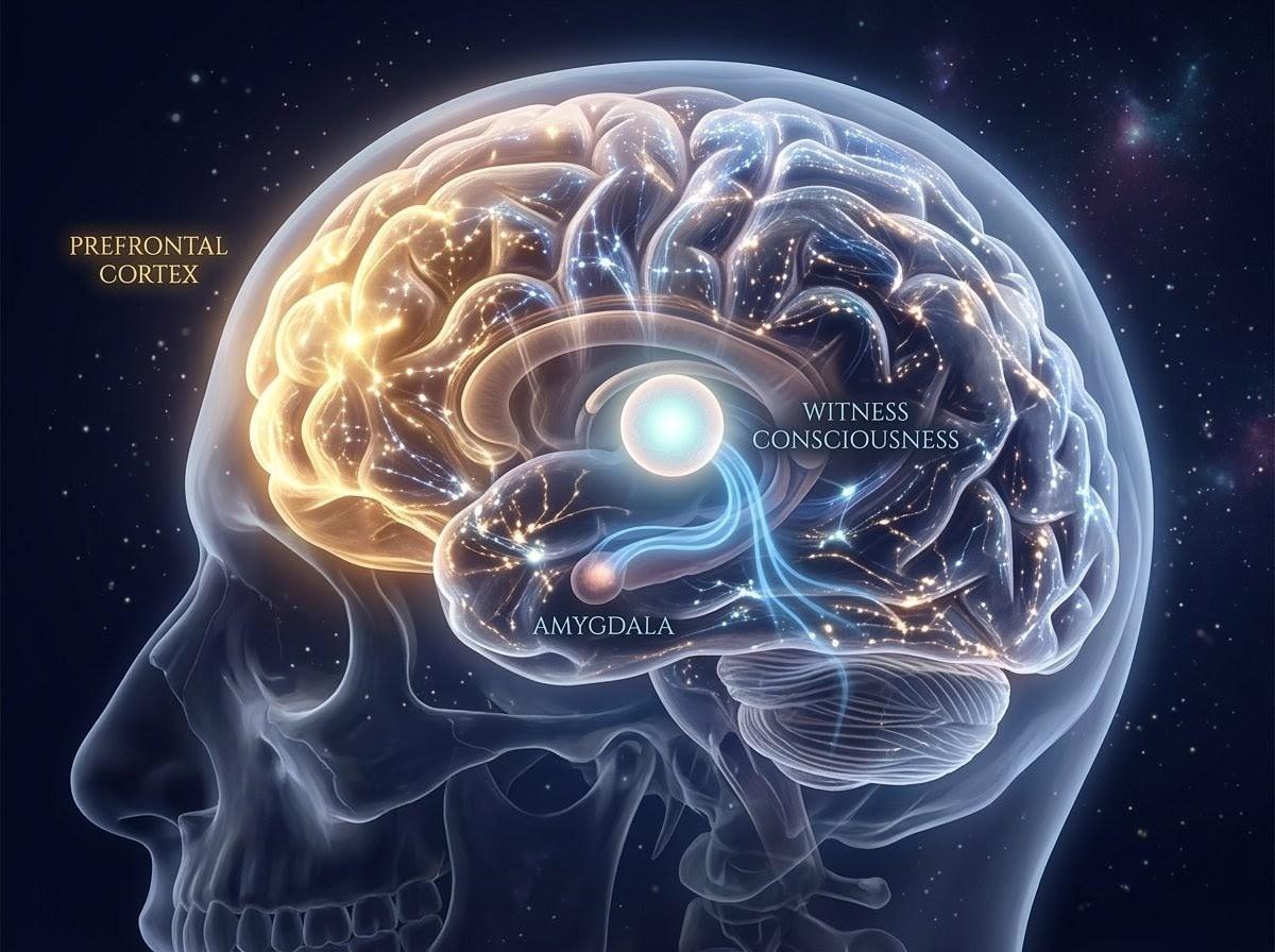 Brain showing prefrontal cortex activation and neural pathways of witness consciousness