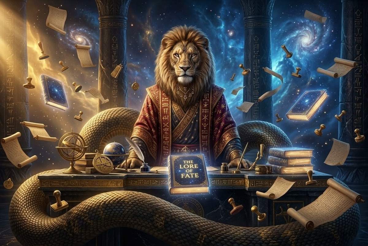 Yaldabaoth lion-headed serpent in cosmic administrative office