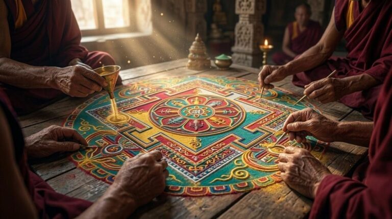 Ultra realistic aerial view of intricate Tibetan Buddhist sand mandala being created by monks in maroon robes, vibrant coloured sands in geometric patterns, golden monastery light