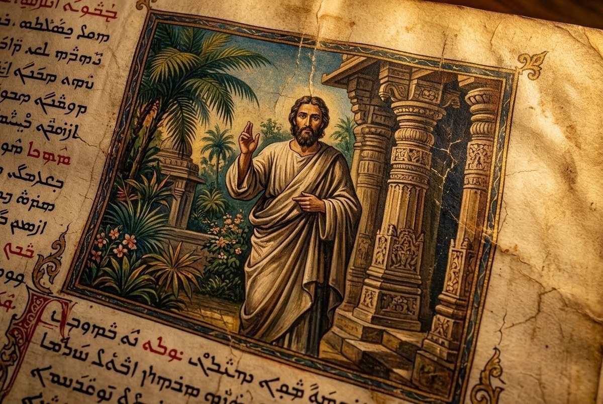 Ancient Syrian manuscript depicting Apostle Thomas in Indian missionary context with distinctive architecture