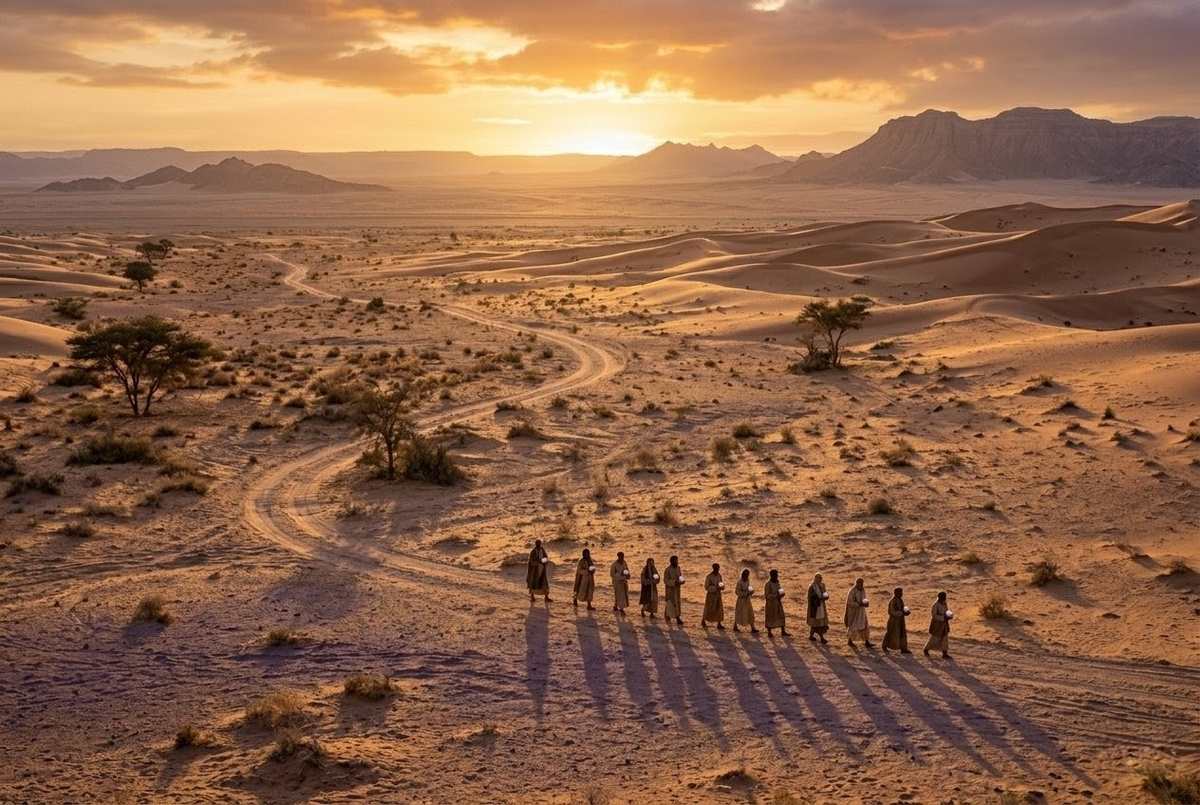 Twelve figures in ancient robes walking through desert landscape suggesting the apostolic journey