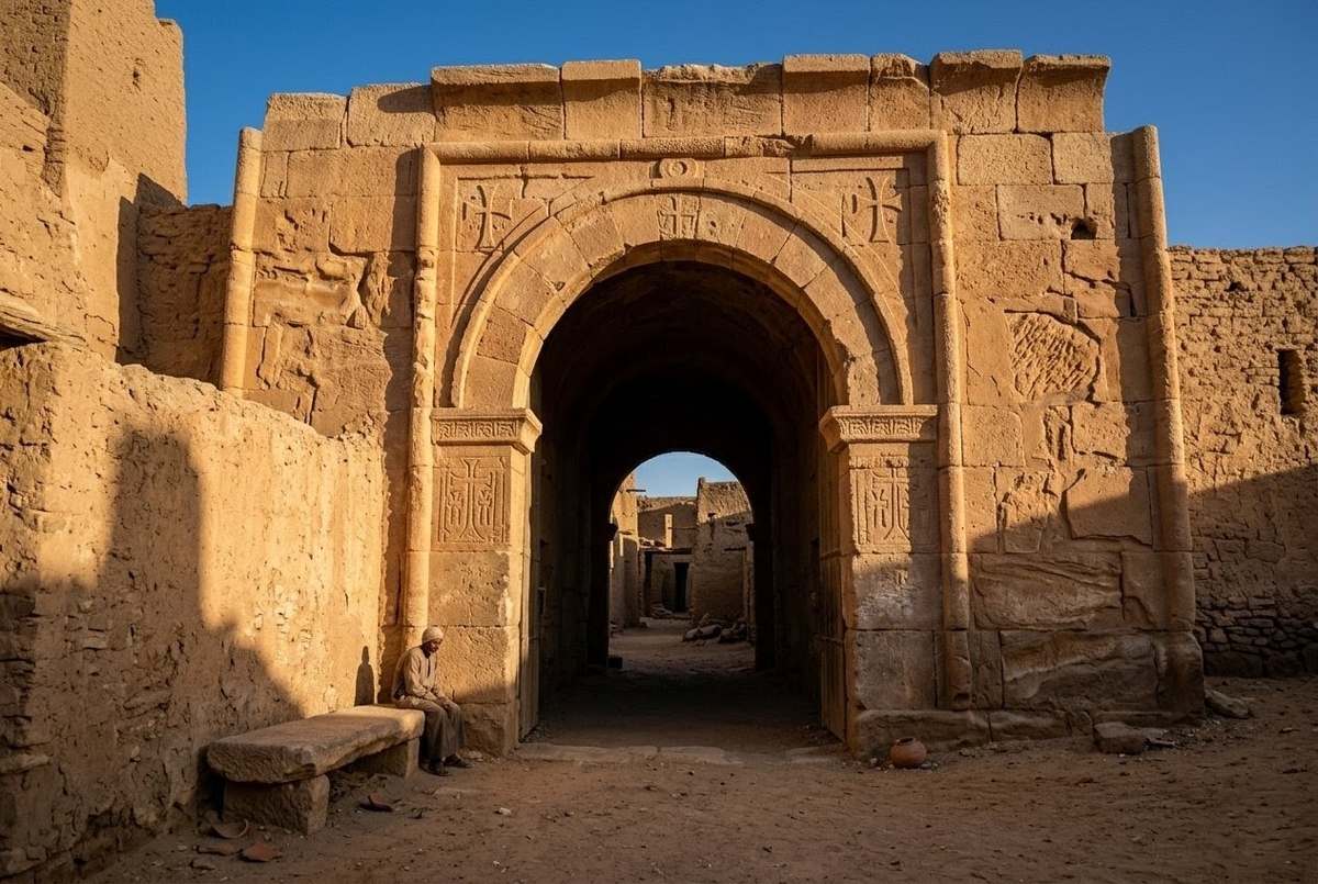 Archaeological ruins of a desert city gate with ancient stone architecture suggesting the City of Home