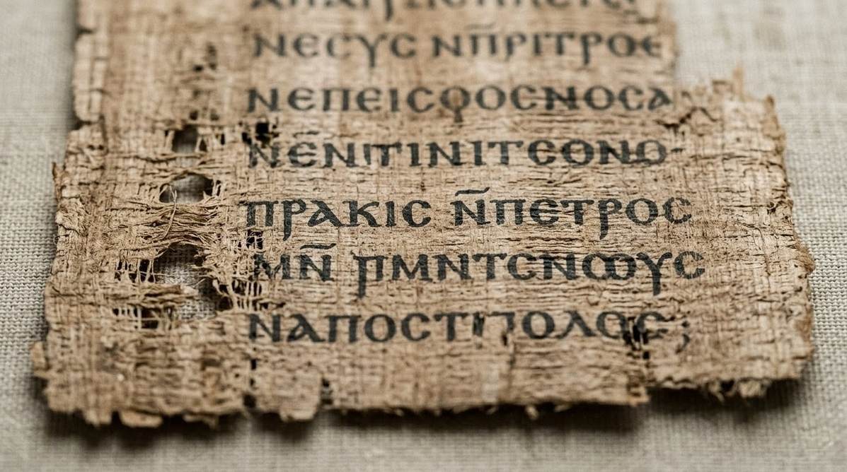 Ancient Coptic papyrus from Nag Hammadi Codex VI showing the opening lines of Acts of Peter and the Twelve Apostles