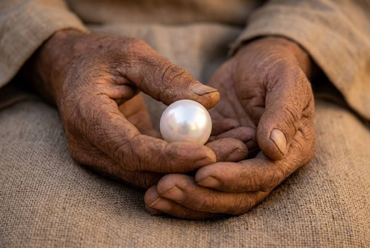 Ancient pearl merchant with weathered hands examining a luminous pearl in desert trading context
