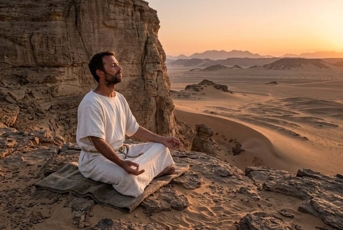 Solitary figure in contemplative pose within ancient Egyptian desert landscape