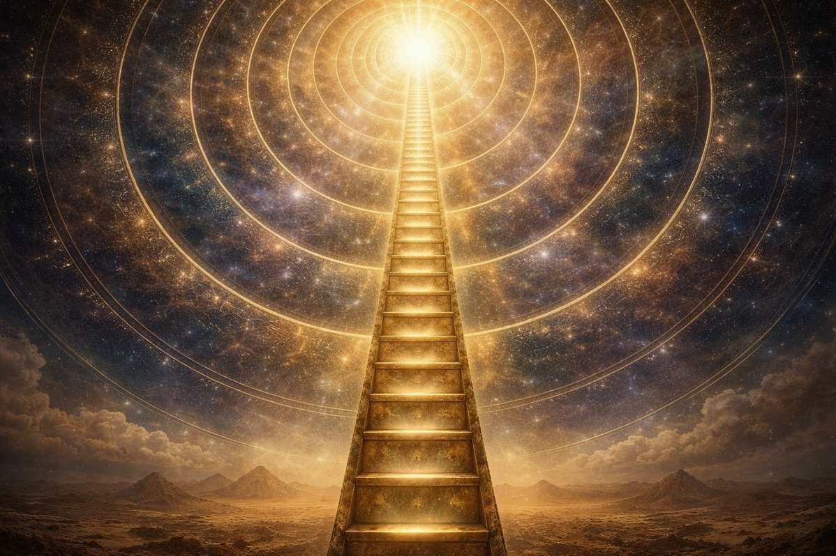 Golden ladder extending through thirteen starry celestial spheres toward invisible divine light