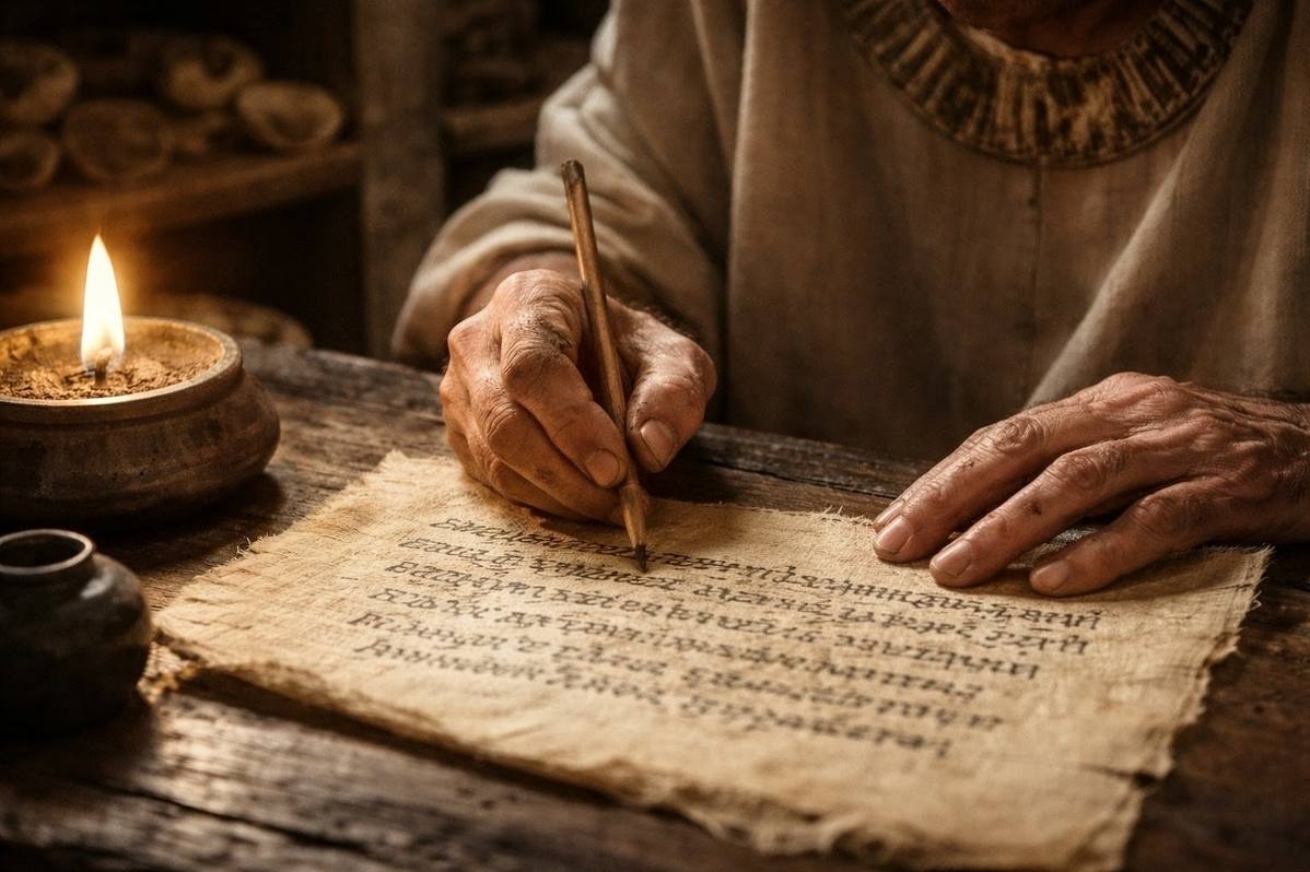 Ancient Egyptian scribe writing on papyrus with reed pen in warm lamplight