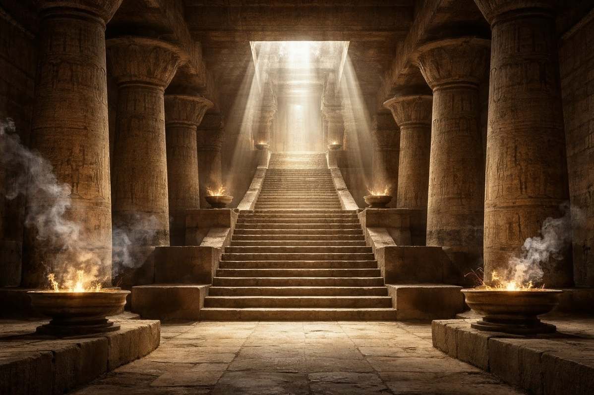 Ancient Egyptian temple interior with columns and ascending light representing three tiers of divine reality
