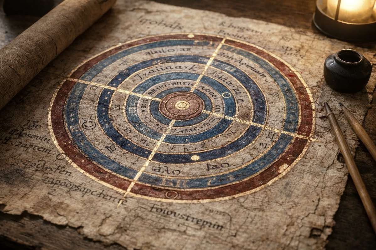 Ancient cosmological diagram with concentric spheres and ascending light rays