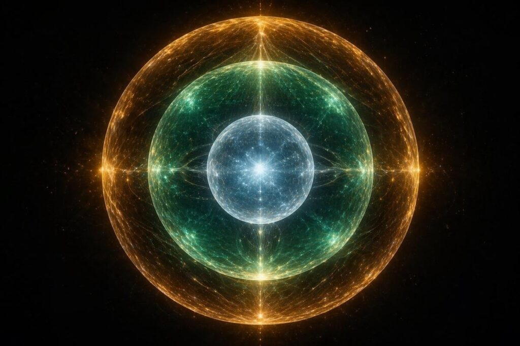 Three concentric spheres of divine light representing Existence, Vitality, and Mentality