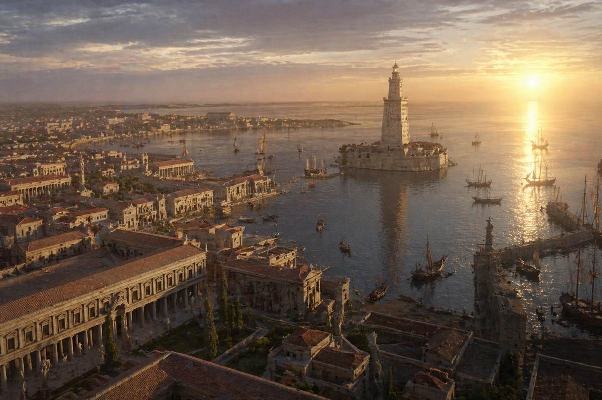 Aerial view of ancient Alexandria harbour with limestone buildings and Mediterranean sunset
