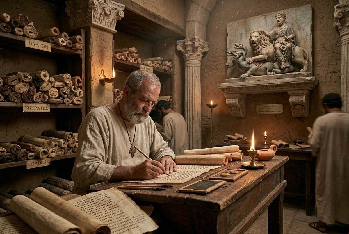 Ancient Egyptian scholar studying Platonic dialogues in library setting with papyrus scrolls and wax tablets