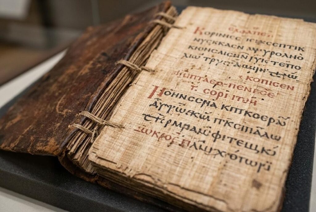 Macro detail of Coptic papyrus manuscript with leather binding and visible thread stitching showing fourth-century book production