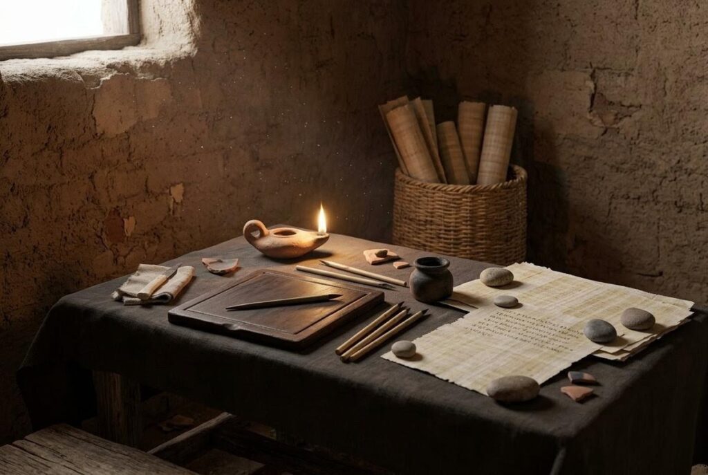 Archaeological reconstruction of an ancient Egyptian scribal workspace with papyrus sheets, reed pens, and writing tools