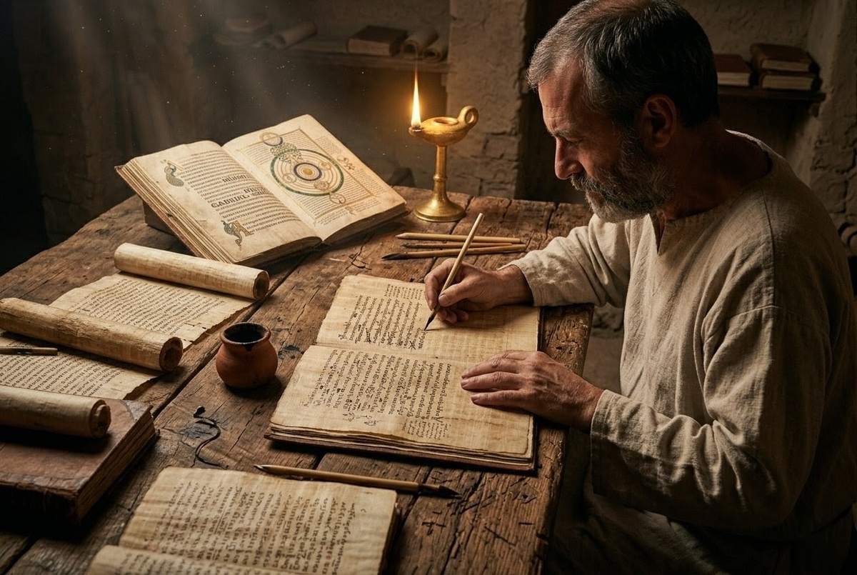 Ancient Coptic scribe working on papyrus manuscript with multiple scrolls spread across wooden desk
