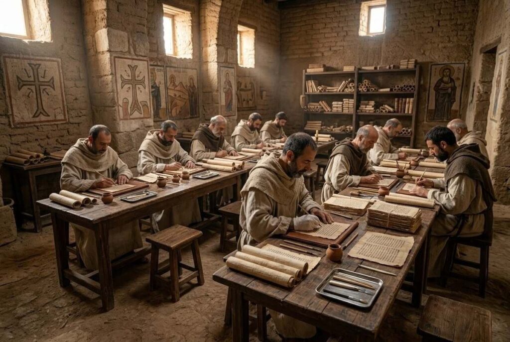 Interior of 4th century Egyptian monastic scriptorium with desks papyrus scrolls and writing materials