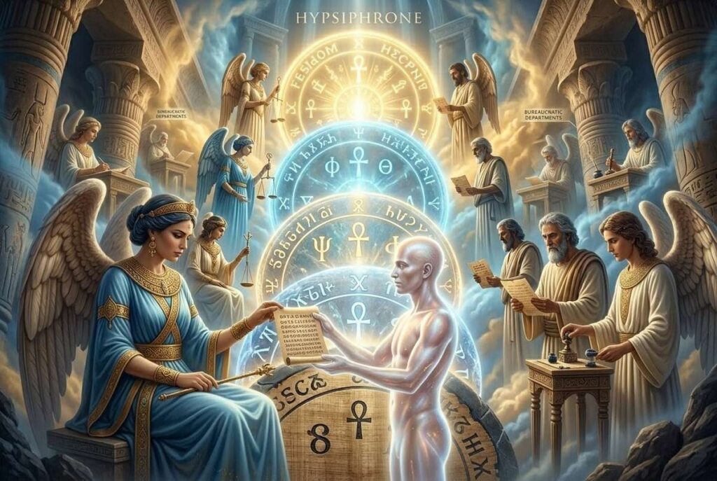 Ancient mystical ascent scene showing angelic beings examining credentials of ascending soul with symbolic seals and passwords