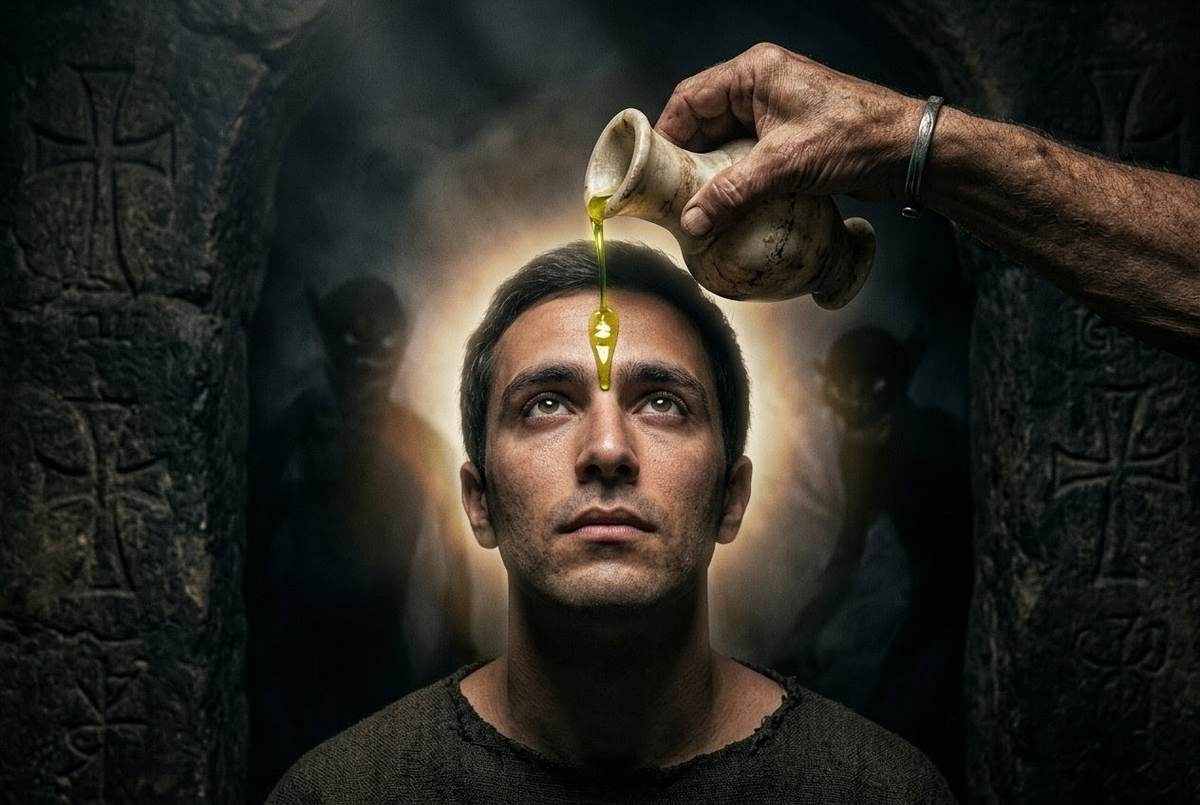 Ancient ritual of anointing with oil showing luminous transformation in Coptic Gnostic ceremony