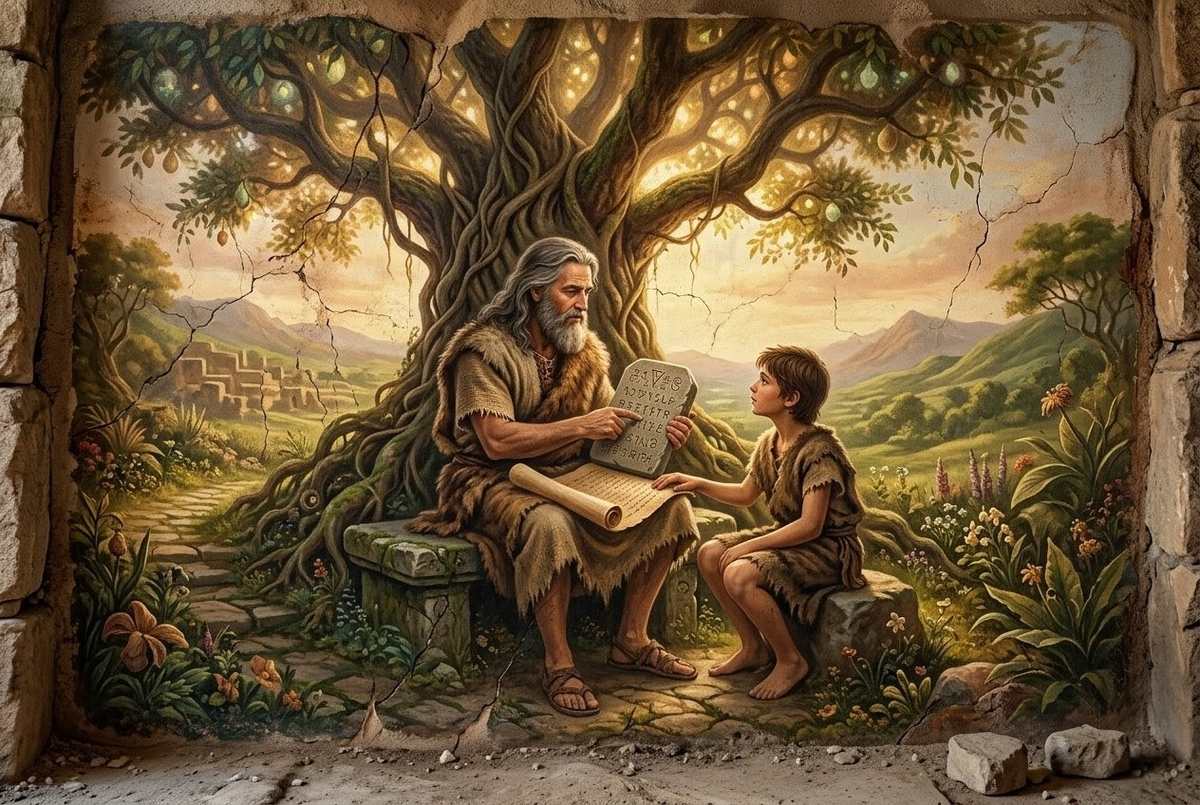 Ancient depiction of Adam teaching Seth the secret knowledge of the aeons