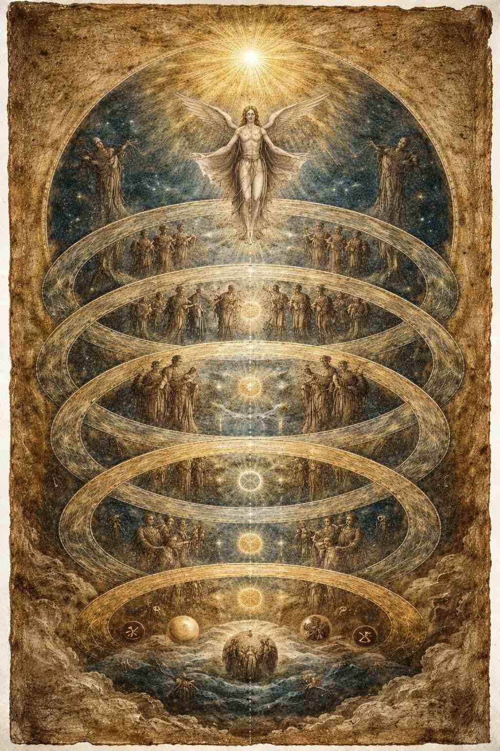 Ascending through celestial spheres past planetary archons toward divine light