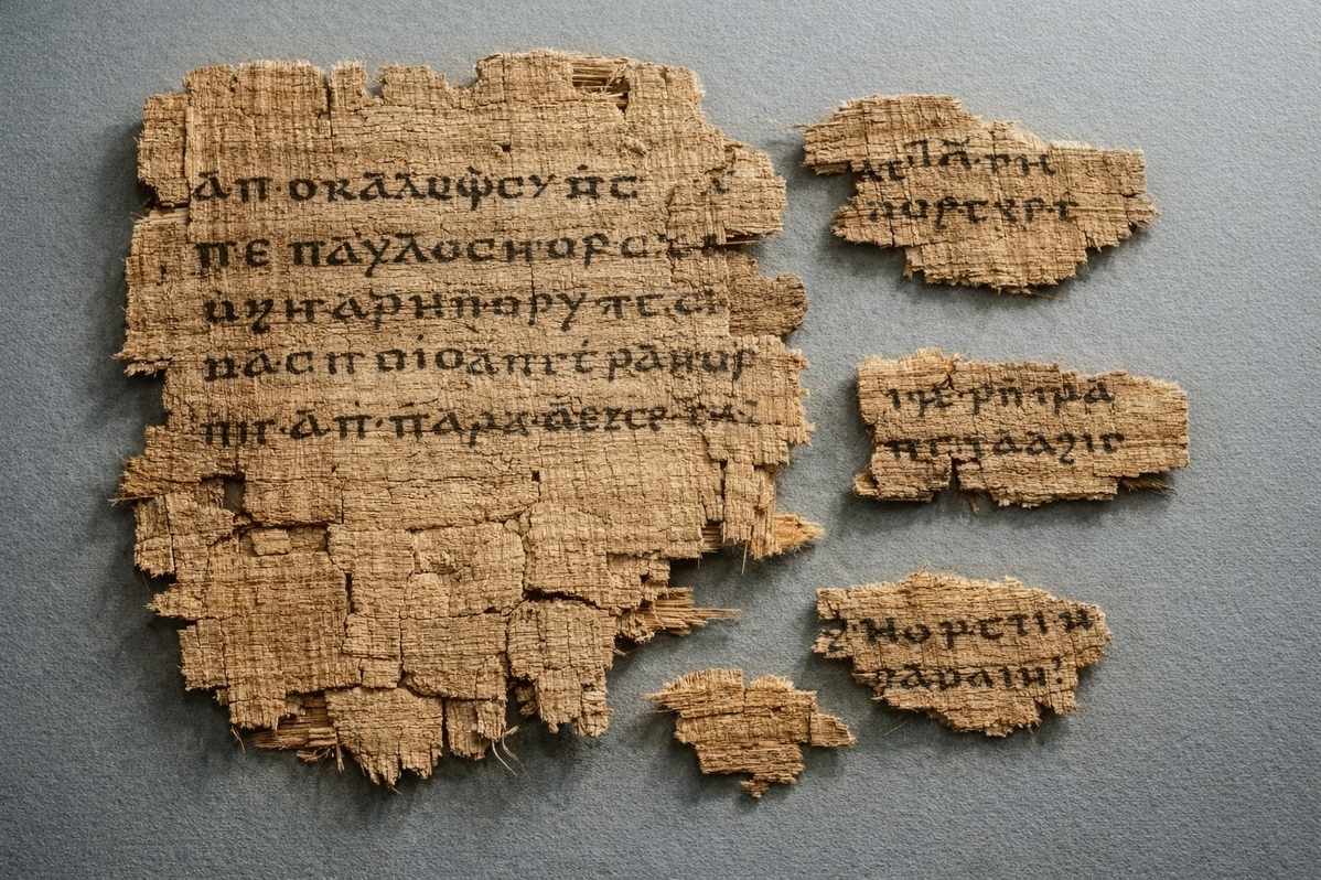 Ancient Coptic papyrus from Nag Hammadi Codex V showing the Apocalypse of Paul text