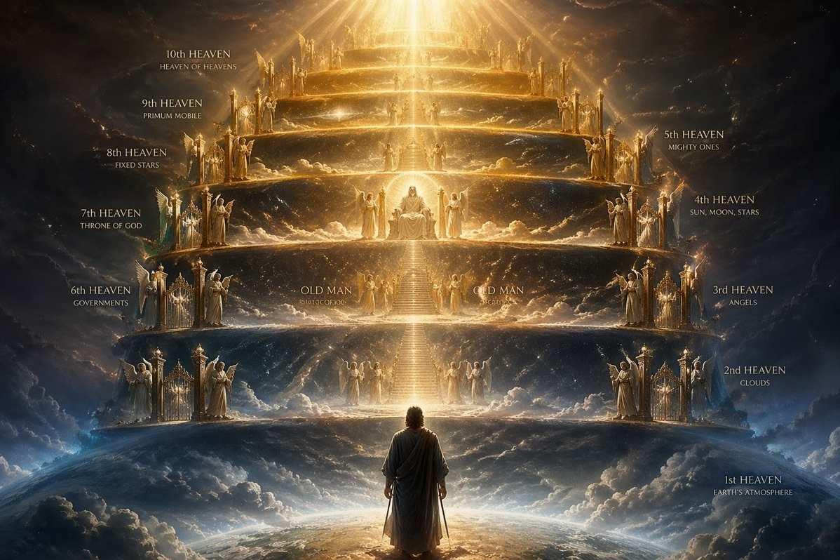 Visionary depiction of Paul ascending through ten celestial heavens with angelic guides