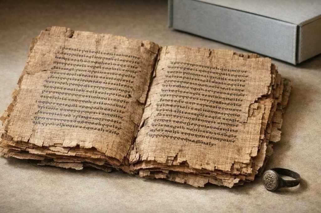 Ancient Coptic papyrus from Nag Hammadi Codex V showing Apocalypse of Paul text with bronze seal ring