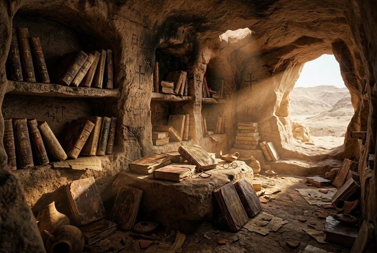 Ancient Coptic codices showing apocryphal gospels hidden in desert library