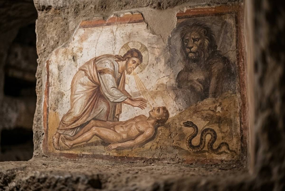 Ancient depiction of divine breath entering Adam with serpent as wisdom messenger