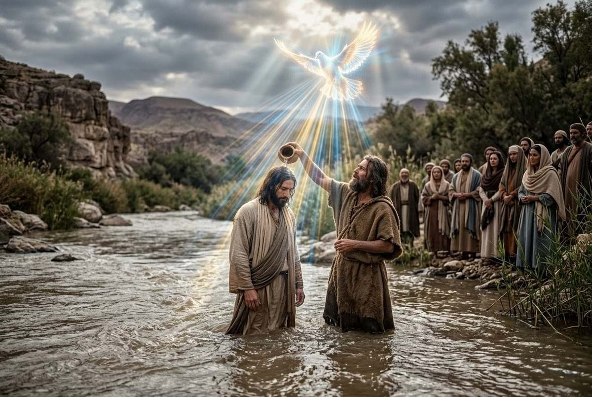 Ancient baptismal scene showing dove descending as divine light enters Jesus