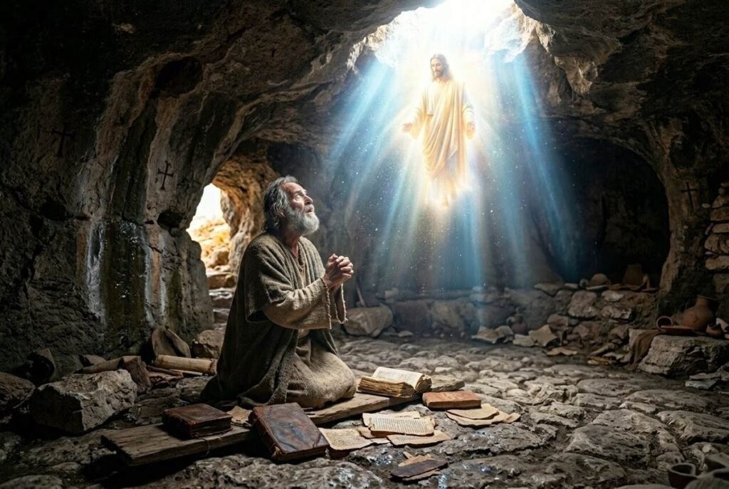 Elderly John the Apostle kneeling in desert cave receiving blinding celestial light revelation from ethereal Christ figure, with ancient Coptic codices scattered nearby