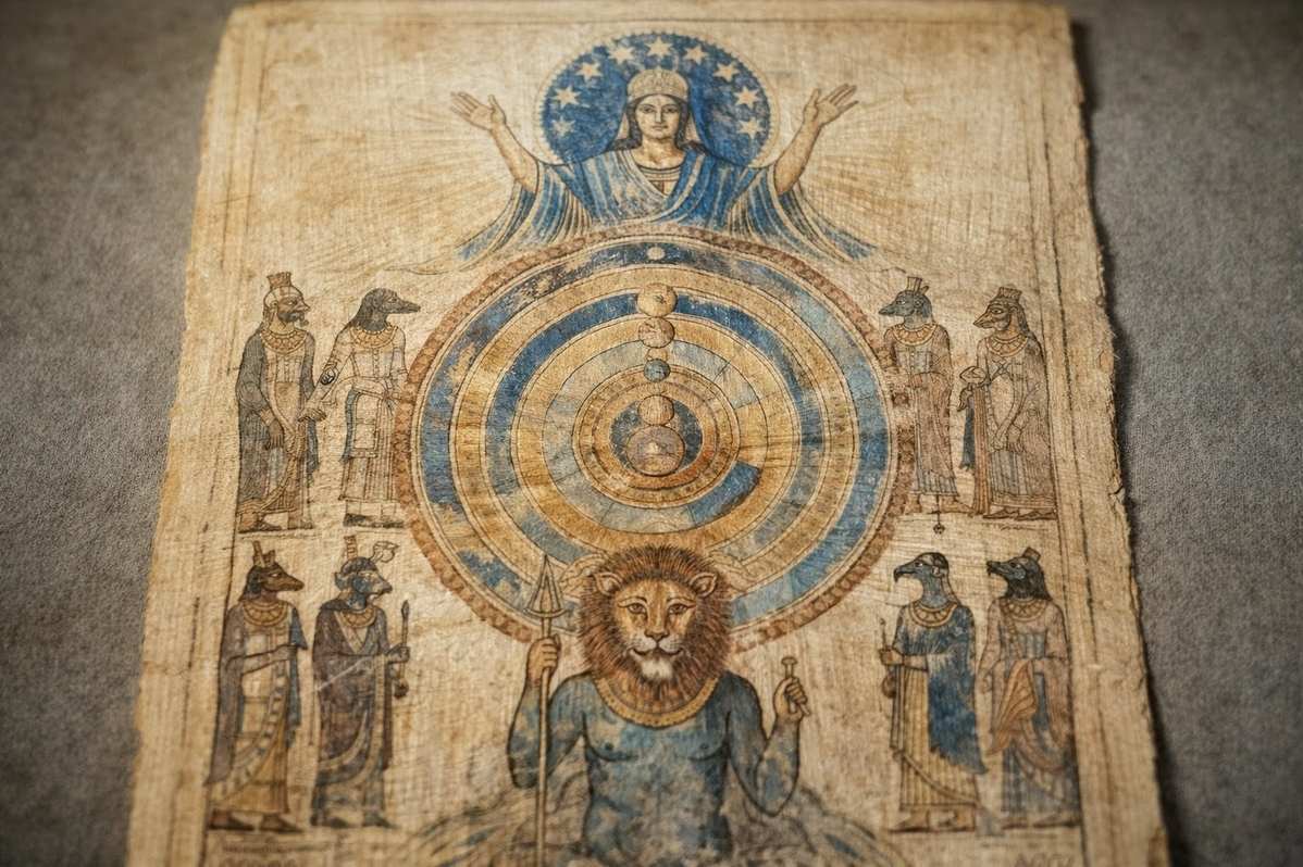 Ancient papyrus illustration showing Sophia, Yaldabaoth, and the seven planetary archons in Gnostic cosmology
