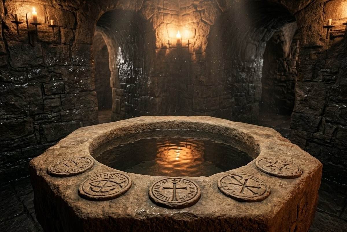 Ancient baptismal font with water, surrounded by five carved seals, lit by warm candlelight in underground chamber