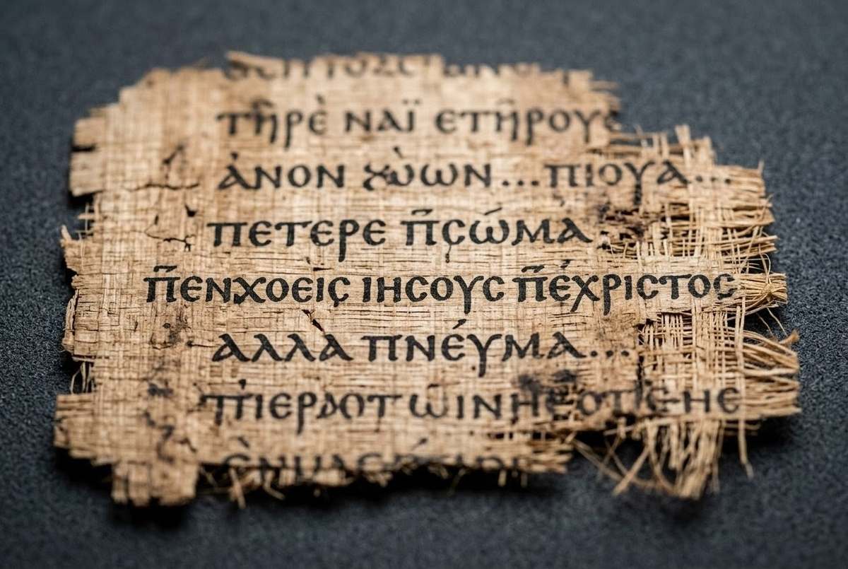 Close-up of Nag Hammadi Codex II papyrus showing Coptic script, with fragment edges and museum lighting revealing fibrous texture