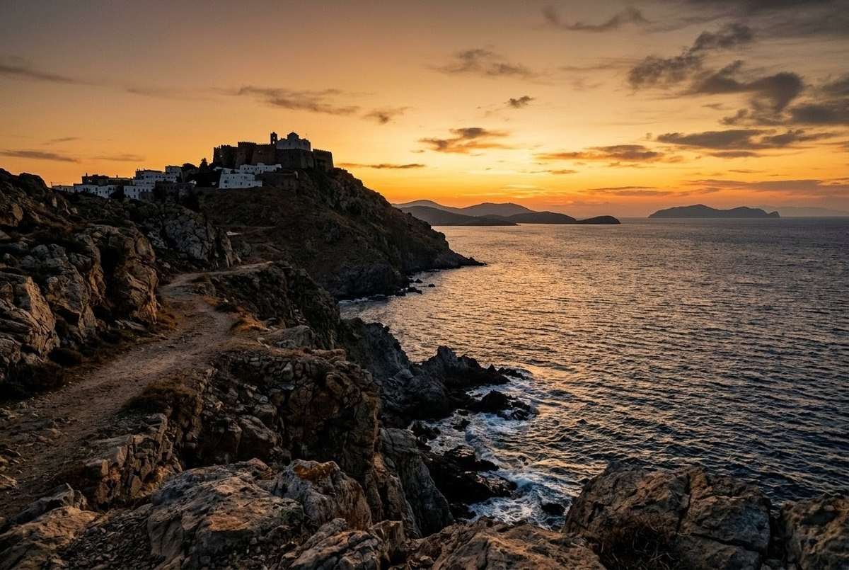 Rocky Patmos island landscape with monastery silhouette against Aegean Sea sunset, dramatic lighting