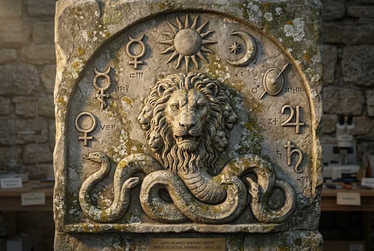 Ancient stone carving of lion-headed serpent with fire eyes, surrounded by planetary symbols, weathered bas relief texture