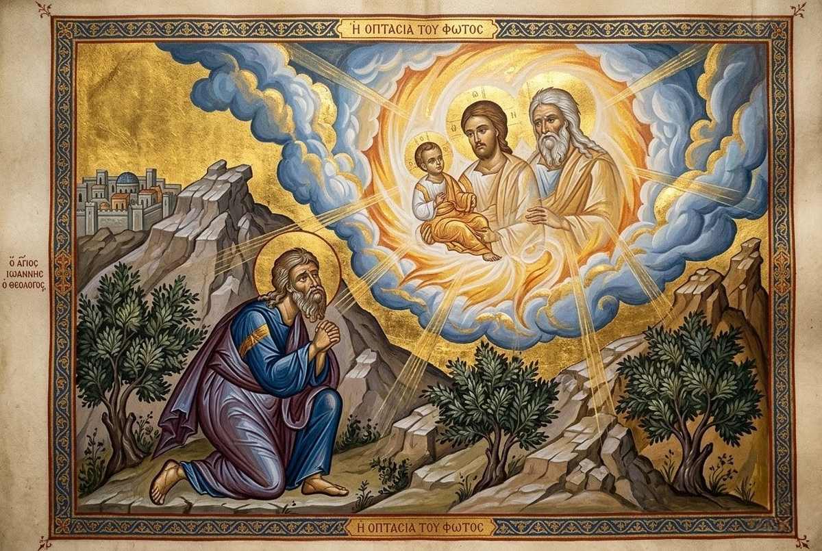 Ancient illumination showing multi-formed divine light appearing to John on Mount of Olives