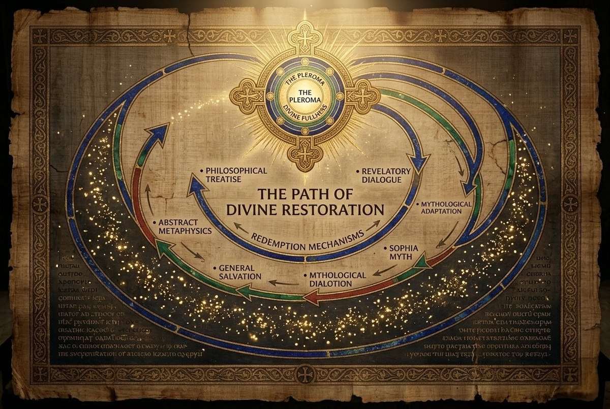 Ancient mystical diagram showing scattered divine sparks returning to the Pleroma with rays of light