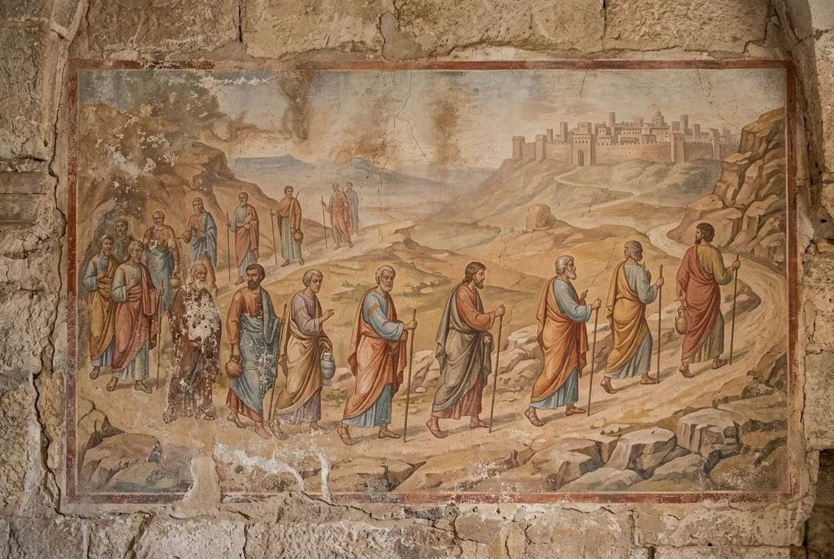 Ancient map or fresco showing robed figures traveling toward a distant city with pearl symbolism