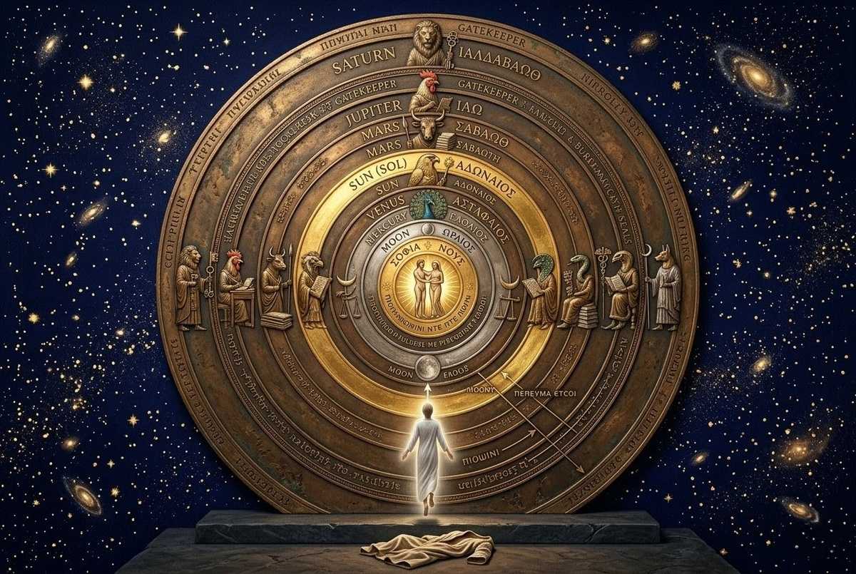 Ancient diagram of seven planetary spheres with archonic guardians and ascending soul