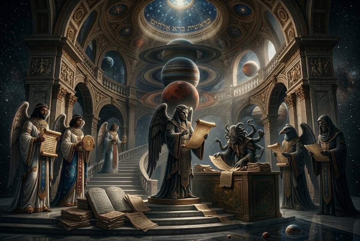 Ancient celestial bureaucratic scene with robed archontic figures demanding scrolls and passwords at a planetary gateway