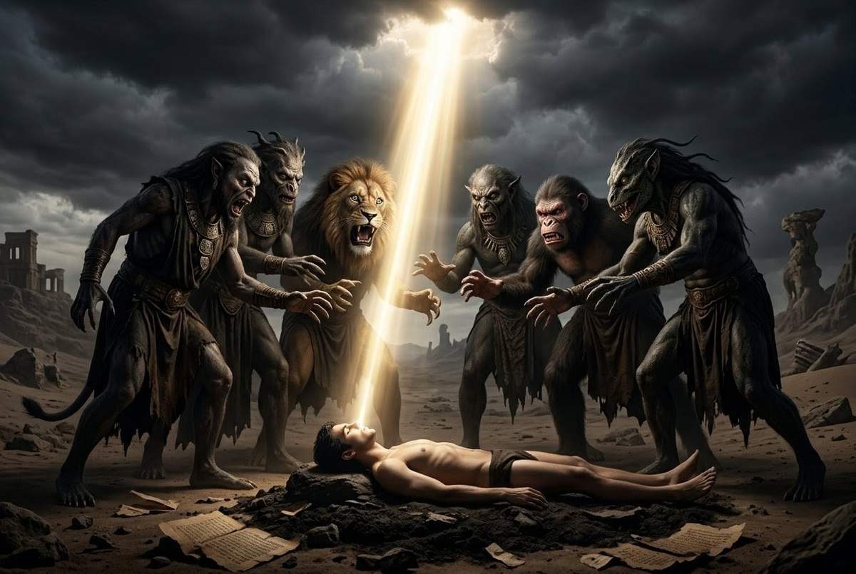 Seven shadowy archonic figures standing over the inert body of Adam as divine light descends