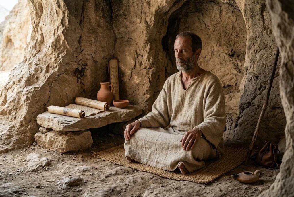 Ancient Greek philosopher in white robes meditating with finger to lips in the silence gesture with mathematical symbols