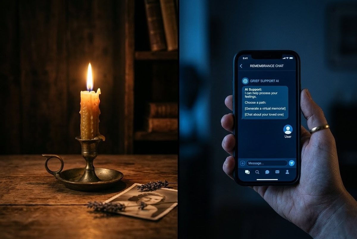 Candle flame representing authentic remembrance vs digital screen