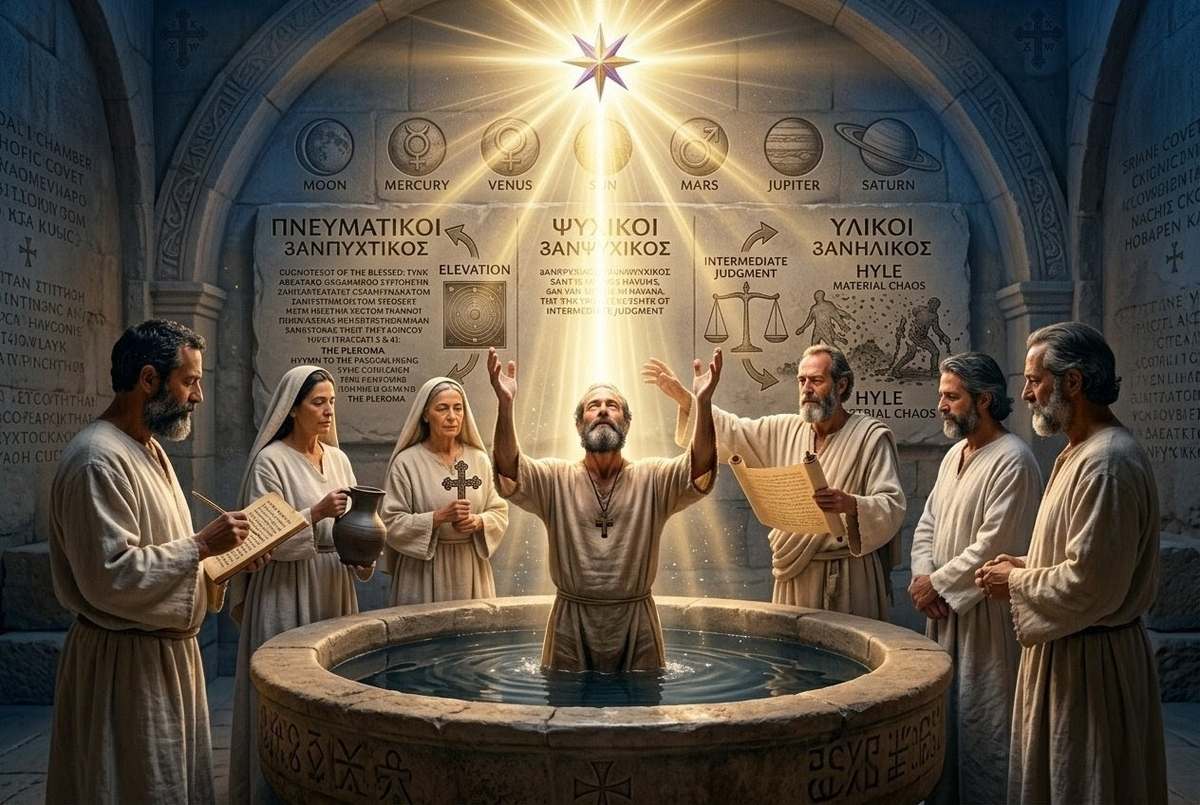Ancient Gnostic baptism ritual showing five stages of sealing with water light and anointing