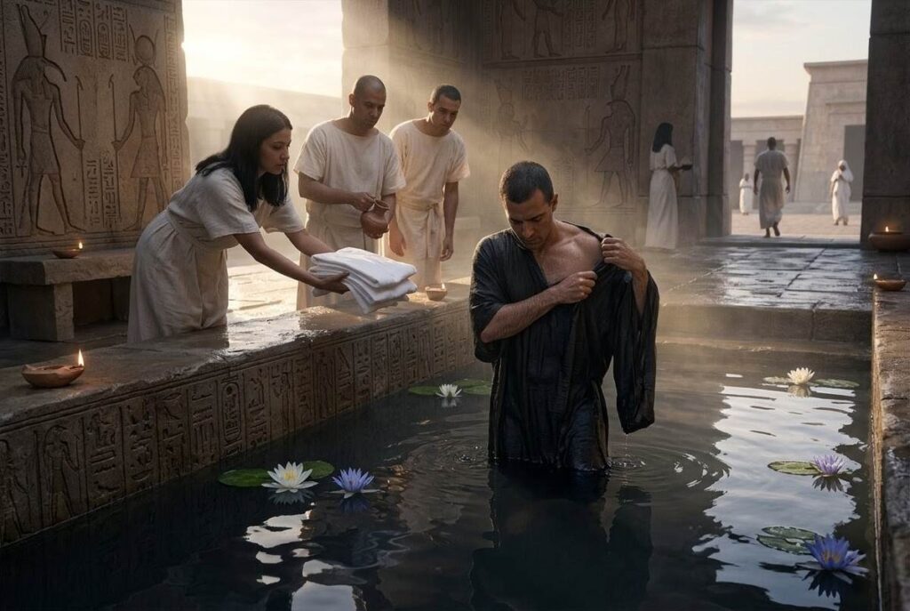 Ancient Egyptian baptismal ritual scene with figure emerging from water, removing dark garments and being clothed in white linen robes of light