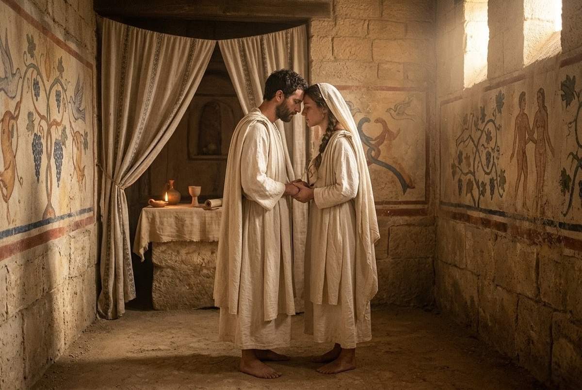 Ancient ritual scene depicting mystical union in the bridal chamber sacrament