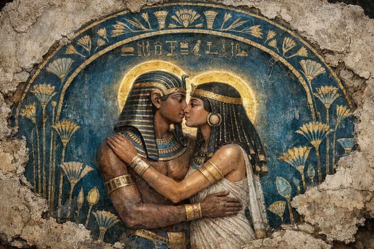 Ancient Egyptian fresco showing a couple in a sacred chamber with hieroglyphs representing the bridal chamber restoration
