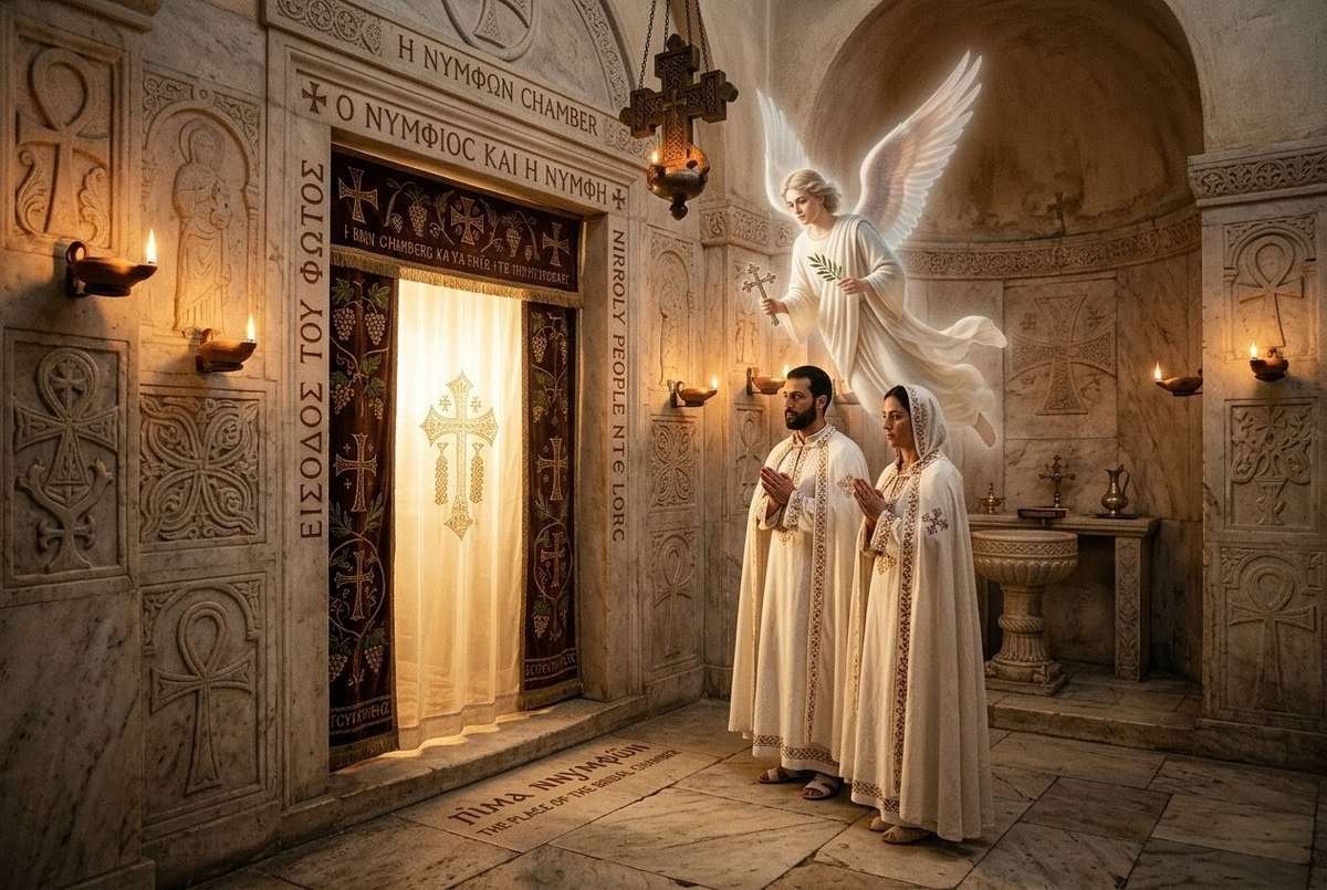 Mystical representation of the bridal chamber sacrament with androgynous union and angelic presences